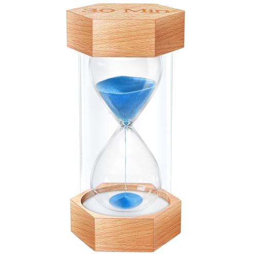 30 Minute Hourglass Sand Timer, Natural Wood Grain Hexagonal Half Hour Glass Blue Sand Clock 30 Minutes, Reloj De Arena, Wooden Sandglass Sand Watch 30 Min for Kids Rustic Desk Decor,Game,Classroom - color: Blue, size: 30 minute