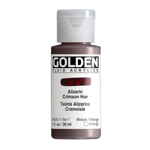GOLDEN Fluid Acrylics, Alizarin Crimson Hue, 1 fl. oz. Bottle | Artist grade acrylic paint with rich pigment load and a flowing constency useful for even coverage and fine details.