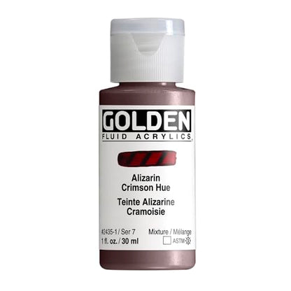 GOLDEN Fluid Acrylics, Alizarin Crimson Hue, 1 fl. oz. Bottle | Artist grade acrylic paint with rich pigment load and a flowing constency useful for even coverage and fine details.