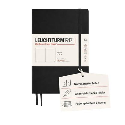 LEUCHTTURM1917 - Notebook Softcover Medium A5-123 Numbered Pages for Writing and Journaling (Plain, Black)