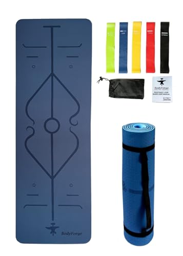 BodyForge Yoga Mat Thick Exercise Mat Thick Non-Slip Extra Thick High-Density Pilates & Resistance Exercise Loop Exercise Bands with Instruction Guide and Carry Bag, Set of 5 Bundle - color: Blue