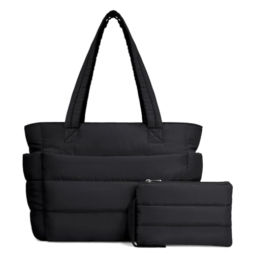 TOPDesign Puffer Tote Bag for Women, Lightweight Puffy Handbag with Compartments, Quilted Shoulder Bag for Work, Travel, Gym - color: Black, size: Medium