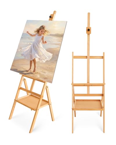 Painting Art Easel with Storage Tray, 57"-72" Height Adjustable Easel Stand | Non-foldable beech wood easel, H-frame artist easel stand for painting, Wooden floor easel holds canvas up to 36" - color: Natural