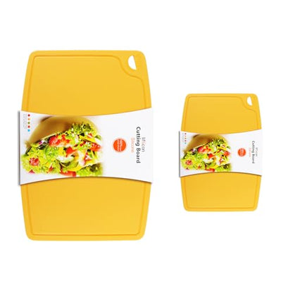 Liflicon Thick Silicone Cutting Boards for Kitchen Silicone Chopping Boards/Mats Set of 2 Extra Large14.6''x10.43'', Mini 9.1”x7.1” Non-slip Deep Drip Juice Groove, Dishwasher Safe-Yellow - color: Yellow, size: S+L