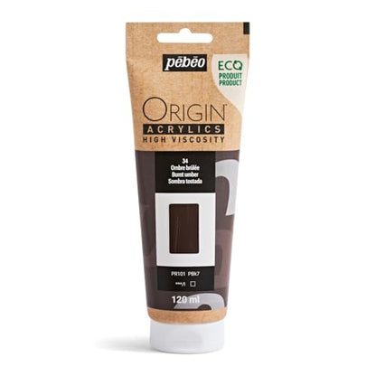 PEBEO Origin Acrylics 120ml Matte Acrylic Paint, Burnt Umber | Warm deep brown for wood tones and rich natural darks - high-viscosity matte acrylic paint in a 120 ml eco-tube. - color: Burnt Umber