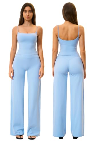 Womens Two Piece Workout Sets Spaghetti Straps Crop Top Matching Straight Leg Pants Gym Yoga Pilates Outfits - color: Blue, size: Large