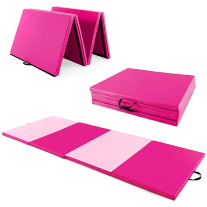 Giantex 4'x10'x 2" Gymnastics Mat, 4-Panel Folding Aerobics Exercise Mat w/Hook & Loop Fastener, Carrying Handle, Portable Tumbling Mat for Stretching Yoga Cheerleading Martial Arts - color: Light Pink/Pink