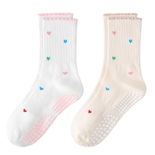 Women's Pilates Grip Socks, Ruffle Non Slip Bow Pattern Yoga Socks | Grippy, Frilly Trim, Embroidery, Crew Length, Soft Cotton, Arch Support, for Barre Ballet Dance Workout Hospital Home Gifts - color: D02-white + Apricot