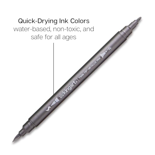 KINGART 24 Metallic Dual Tip Brush + Fine Markers - Easy for All Ages & Levels Pens for Card Making, Journaling, Scrapbooking, Fabric, Rock, Glass, DIY, Black Paper, Art Supplies, Halloween, Christmas