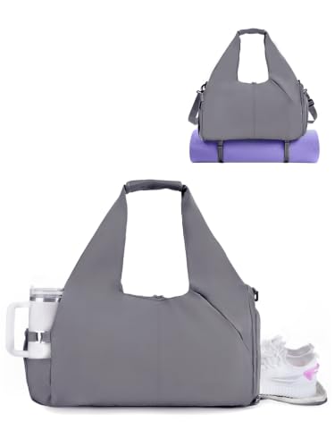 RHDZO Gym Bag for Women with Shoe and Wet Compartments, Yoga Mat Holder | Travel Duffel Bag with Water Bottle Holder, Weekend Overnight Bag for Workout Sport Dance Pilate, Detachable Shoulder Strap - color: Dark Gray-Upgraded