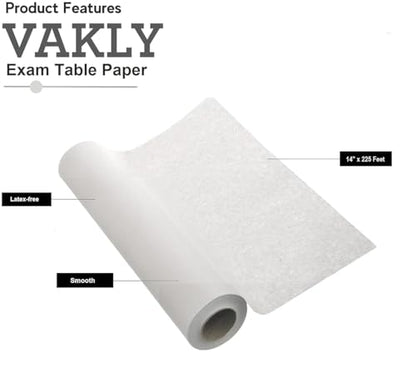 Vakly Exam Table Paper Roll 14 in x 225 ft Smooth, Disposable, 2 Rolls | Medical barrier paper, tear resistant, absorbent, latex free, fits exam, massage and therapy tables