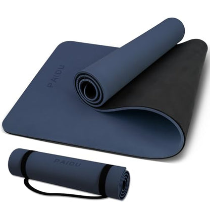 PAIDU POE Yoga Mat （10mm）Extra Thick Fitness Mat 72"x24" with Carry Strap - color: Navy blue & Black