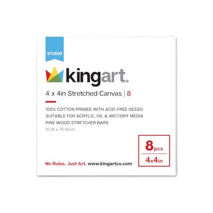 KINGART 836-8 Stretched White Canvas for Painting, 4 x 4 Inch, Pack of 8 | 100% Cotton, Gesso Primed, 5/8" Stretcher Bars, Ready to Paint - size: 4 x 4 Inch