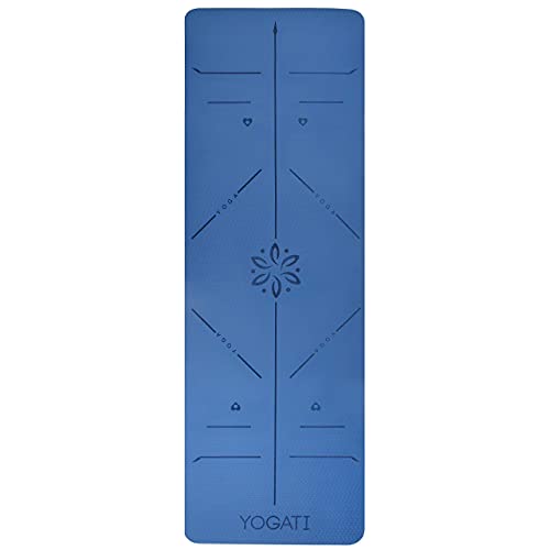 YOGATI® 정렬 라인이 있는 스트랩이 달린 요가 매트. 여성, 남성 및 아동용 홈 운동 매트. 필라테스와 피트니스를 위한 두꺼운 미끄럼 방지 요가 매트. 브라운, 핑크 및 퍼플 요가 매트 - color: 블루.