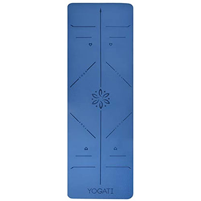 YOGATI® 정렬 라인이 있는 스트랩이 달린 요가 매트. 여성, 남성 및 아동용 홈 운동 매트. 필라테스와 피트니스를 위한 두꺼운 미끄럼 방지 요가 매트. 브라운, 핑크 및 퍼플 요가 매트 - color: 블루.