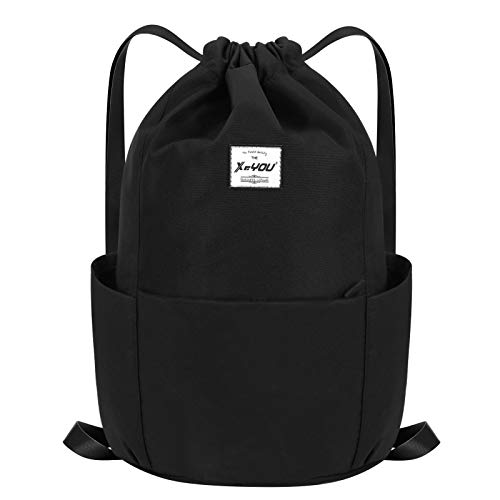 XEYOU Drawstring Backpack Bag Sport Gym Sackpack Beach Cinch Bag | Lightweight Swimming Bag, Water-Resistant Fabric, Travel Daypack for Women and Men - color: Black