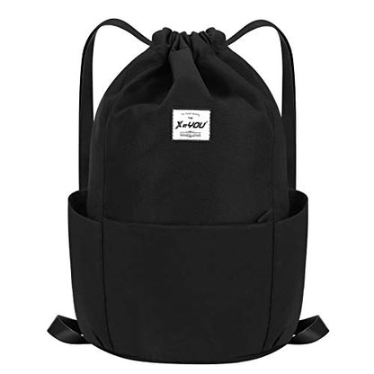 XEYOU Drawstring Backpack Bag Sport Gym Sackpack Beach Cinch Bag | Lightweight Swimming Bag, Water-Resistant Fabric, Travel Daypack for Women and Men - color: Black