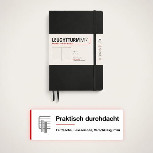 LEUCHTTURM1917 - Notebook Softcover Medium A5-123 Numbered Pages for Writing and Journaling (Plain, Black)