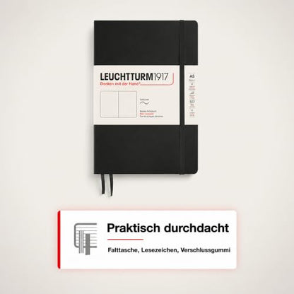 LEUCHTTURM1917 - Notebook Softcover Medium A5-123 Numbered Pages for Writing and Journaling (Plain, Black)