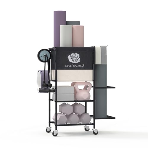 Yoga Mat Storage Rack，Home Gym Storage Rack Gym Workout Equipment Storage Organizer Fitness Weight Rack on Wheels for Yoga Mat,Yoga Block,Foam Roller,Resistance Band,Dumbbell,Kettlebell and Other Workout Accessories - color: Black