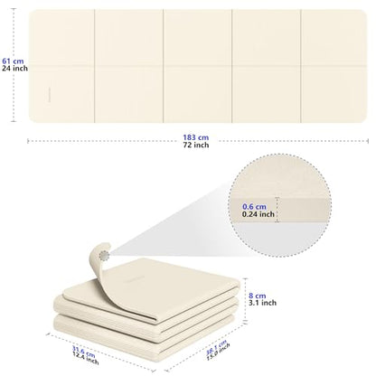 Readaeer Foldable Yoga Mat for Travel Folding Yoga Mat 6mm Thick with Carrying Bag, Non-Slip TPE Exercise Pilates Mat for 72" L x 24" W x 0.24 Inch - color: Beige