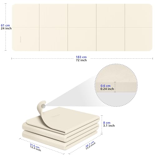 Readaeer Foldable Yoga Mat for Travel Folding Yoga Mat 6mm Thick with Carrying Bag, Non-Slip TPE Exercise Pilates Mat for 72" L x 24" W x 0.24 Inch - color: Beige