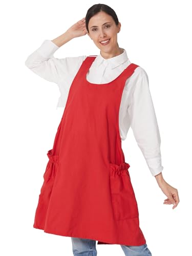 Cozy Adjustable Cross Back Aprons for Women with Pockets Cotton Linen Cooking Kitchen Baking - color: Red
