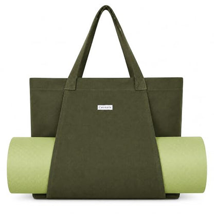 Yoga Mat Bag for Women, Pure Cotton Canvas Yoga Tote with Wet/Dry Pocket, Bottle Holder & Inner Zipper Pocket, Yoga Mat Carrier Bag for Pilates, Gym, Travel, Beach - color: Green