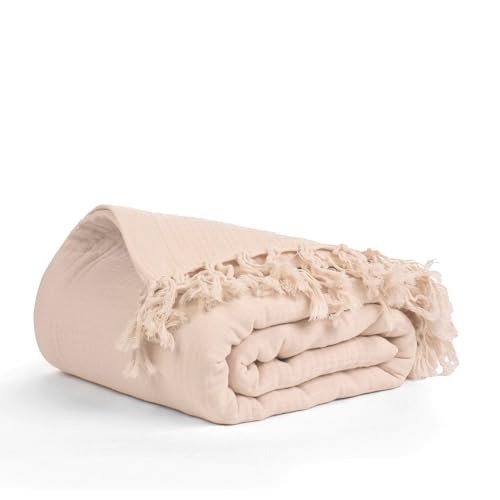 100% Cotton Gauze 50"X60" Throw Tassel 4 Layered Blanket- Parchment | Premium Muslin Blanket for Couch,Bed,Living,Summer Lightweight, All Seasons Blankets & Throws, Boho,Travel & Skin Friendly - color: Parchment, size: 50"X60" Throw