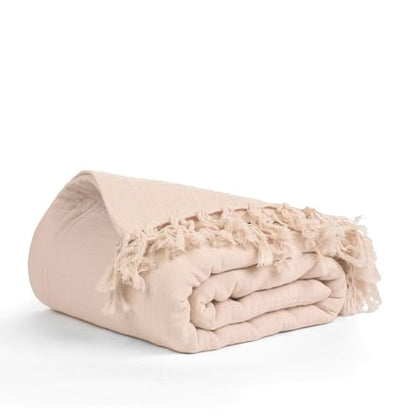 100% Cotton Gauze 50"X60" Throw Tassel 4 Layered Blanket- Parchment | Premium Muslin Blanket for Couch,Bed,Living,Summer Lightweight, All Seasons Blankets & Throws, Boho,Travel & Skin Friendly - color: Parchment, size: 50"X60" Throw