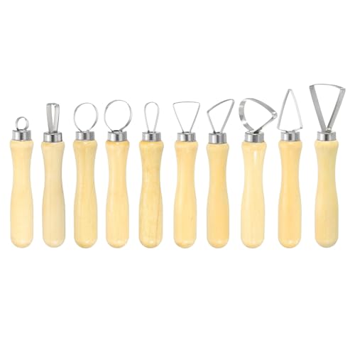 HARFINGTON 10pcs Clay Sculpting Tools Wooden Handle Stainless Steel Head | Crafts Modeling Kit, Pottery Carving Trimming Set, for Shaping Cutting Decoration Embossing