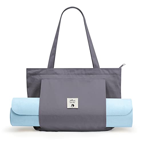WLLWOO Yoga Mat Carrier Bag for Women Canvas Carryall Tote Gym Pilates | Large Holder Zipper Shoulder for Beach Travel Workout Fitness Office - color: gray