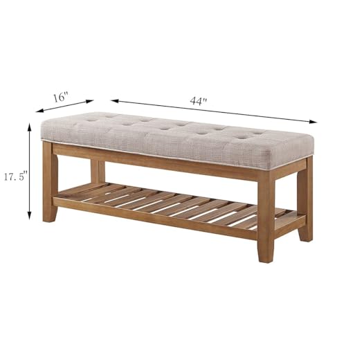 24KF Large Rectangular Upholstered Tufted Linen Fabric Ottoman Bench, Padded Bench with Solid Wood Shelf-Linen - color: Linen-bench, size: 16"D x 44"W x 18"H