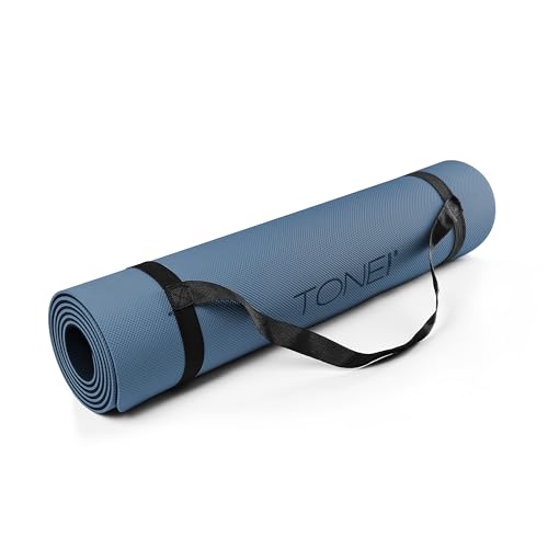 TONE Fitness Yoga Mat 1/4" Thick Non Slip Exercise & Pilates Mat for Home Workouts with Carrying Strap | Multiple Options - color: Black/Blue, style: Pyramid Pattern