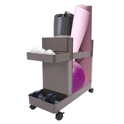 Home Gym Storage Rack, Multifunctional Yoga Mat Display Stand with Wheels, Mobile Workout Equipment Organizer Shelf, Floor Standing Storage Shelf for Home, Gym, Yoga Studio (Gray) - color: Gray