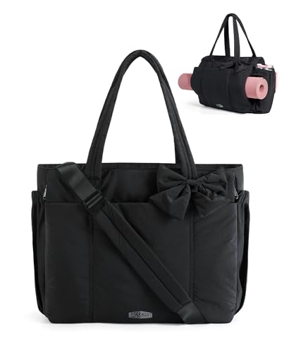 BAGSMART Crush Bow Tote Bag for Women, Puffer Travel Work Yoga Laptop Bag | Large Bow Tote Fits 40oz Tumbler, 15.6" Laptop, Yoga Mat Sleeve, Waterproof Pocket, Travel Work Swim Gym Mom Shoulder Handbag - color: Jet Black, size: 20L-Large