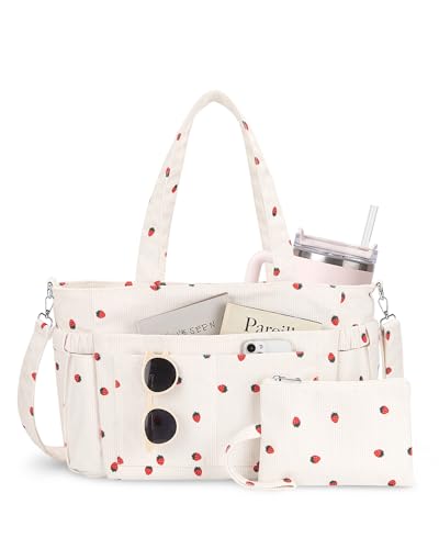 NPBAG Corduroy Tote Bag for Women with 9 Pockets & 40oz Cup Holder, Laptop Work Purse for Teacher Nurse, Travel College Bag - color: Strawberry