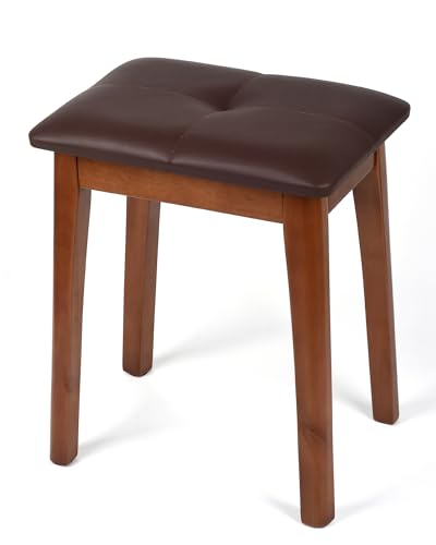 Solid Wood Vanity Stool with Cushion | 11"D x 15"W x 18" H - Small Wooden Ottoman Bench Chair Padded Seat for Bedroom/Living Room/Office/Makeup Vanity - color: Brown - 18"h