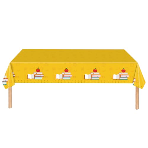 Back to School Party Tablecloth, 1PCS Disposable Plastic Table Cover, Yellow Ruler Apple Book Design, Rectangular Classroom Tablecloth for First Day of School, Teacher Appreciation Party Supplies - color: Tablecloth