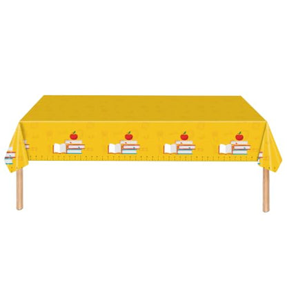 Back to School Party Tablecloth, 1PCS Disposable Plastic Table Cover, Yellow Ruler Apple Book Design, Rectangular Classroom Tablecloth for First Day of School, Teacher Appreciation Party Supplies - color: Tablecloth