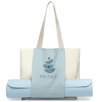 Large Canvas Yoga Tote Bag with Yoga Mats Bags Carrier - color: Beige & Blue