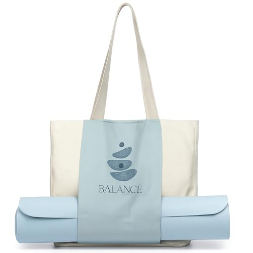 Large Canvas Yoga Tote Bag with Yoga Mats Bags Carrier - color: Beige & Blue