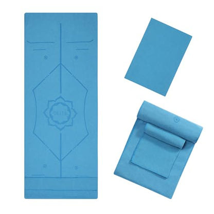 CSITE Yoga Mat Towel with Silicone Grip Dots & Rectangular Wrap Design, Non Slip Hot Yoga Mat Towel with Alignment Line + 1pc Hand Towel, 72” x 24”, Dark Blue