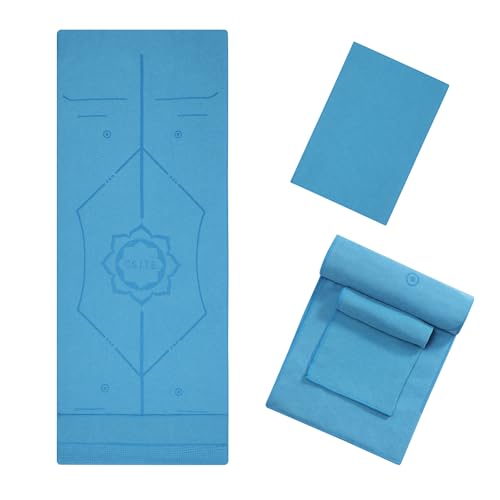 CSITE Yoga Mat Towel with Silicone Grip Dots & Rectangular Wrap Design, Non Slip Hot Yoga Mat Towel with Alignment Line + 1pc Hand Towel, 72” x 24”, Dark Blue