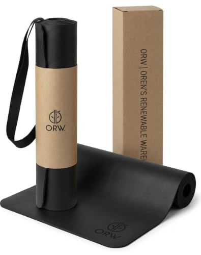 ORW Non Slip Hot Yoga Mat with Carrying Strap - Grip Surface & Natural Rubber Base, REACH Tested, Home & Studio Practice - color: Black PU Rubber Mat 72x24