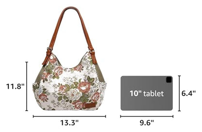 Worldlyda Women Canvas Hobo Purse Multi Pocket Tote Shopper Shoulder Bag Casual Top Handle handbag with Embroidery Ethnic - color: Be06army Green Flower