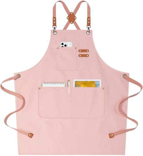 AFUN Chef Aprons for Women Men with Oversized Pockets, 12-Ounce Cotton Canvas Cross Back Water Repellent Apron (Light Pink) - color: Light Pink