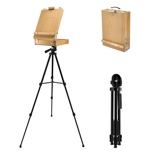 French Style Easel with Beech Wood & Aluminum Tripod | Light Weight Plein Air Easel- Adjustable Sketch box Tripod for Outdoor & Studio Painting, Sketching - color: Nature
