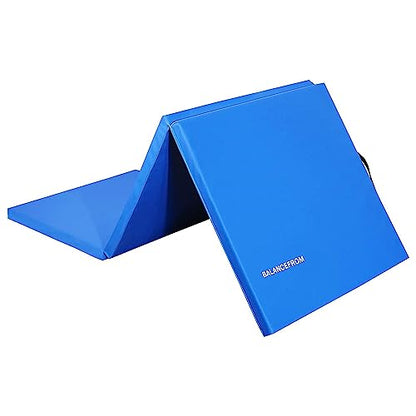 BalanceFrom 6x2 Feet 3-Panel Folding Gymnastics Mat – 1.5-Inch Thick Pad with Vinyl Surface and Carrying Handles for Tumbling, Yoga, Pilates, Home Workouts, and Martial Arts - color: Blue