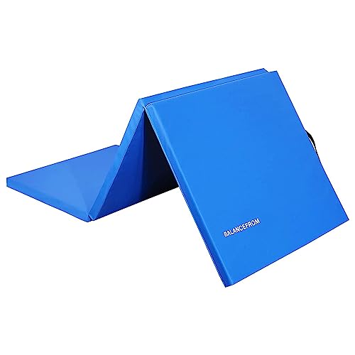 BalanceFrom 6x2 Feet 3-Panel Folding Gymnastics Mat – 1.5-Inch Thick Pad with Vinyl Surface and Carrying Handles for Tumbling, Yoga, Pilates, Home Workouts, and Martial Arts - color: Blue